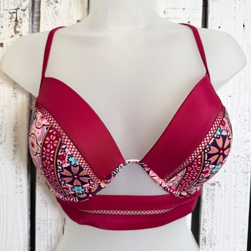 Shade & Shore Berry Floral Strappy Back Light Lift Bikini Top 36 D Form Cup Swim